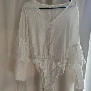 White Button-Front Ruffle Bell Sleeve Bodysuit